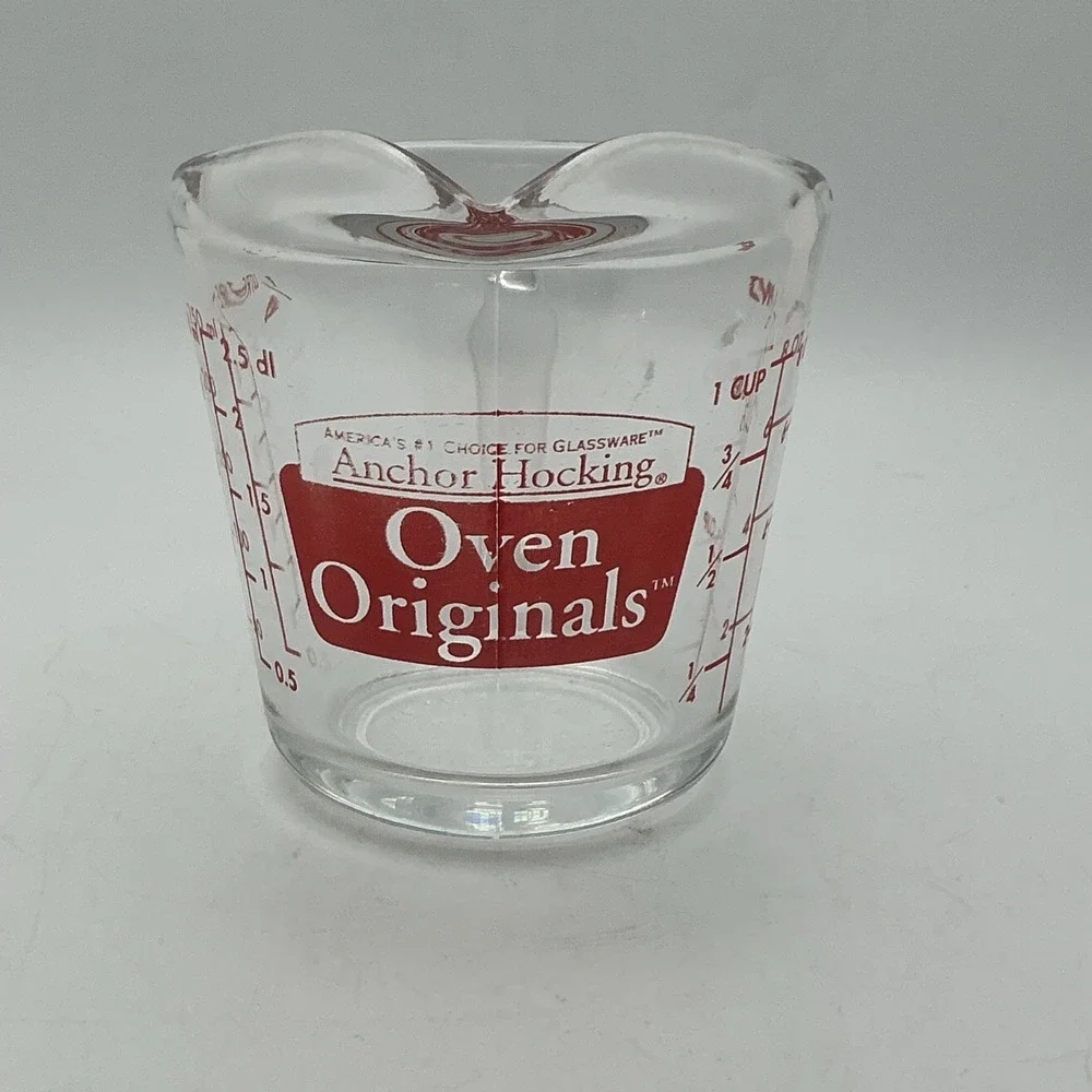 Vintage Anchor Hocking Oven Basics #496 Red Print 1 Cup/8 oz Glass Measuring Cup